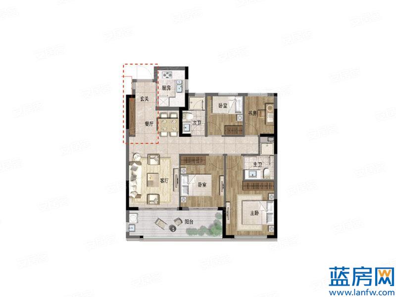 A2户型， 4室2厅2卫1厨， 建筑面积约107.00平米