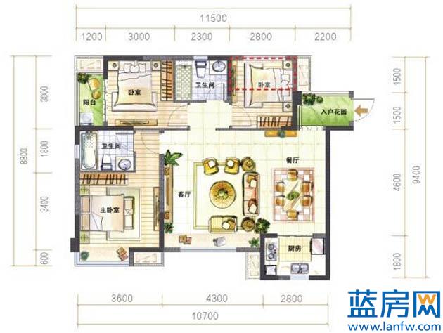 F3户型图　　建筑面积约89㎡　　三室两厅一卫