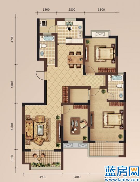 澄达东景苑最后一期20#楼标准层D2户型3室2厅2卫1厨 133.00平米